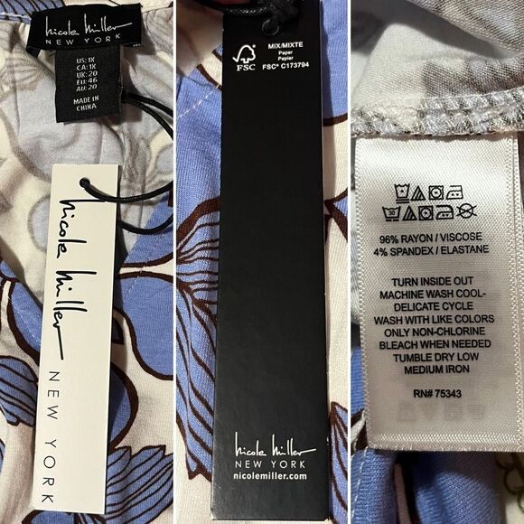 Nicole Miller New York Tropical Floral Midi Dress Pockets Blue White Plus 1X NWT - Picture 9 of 10